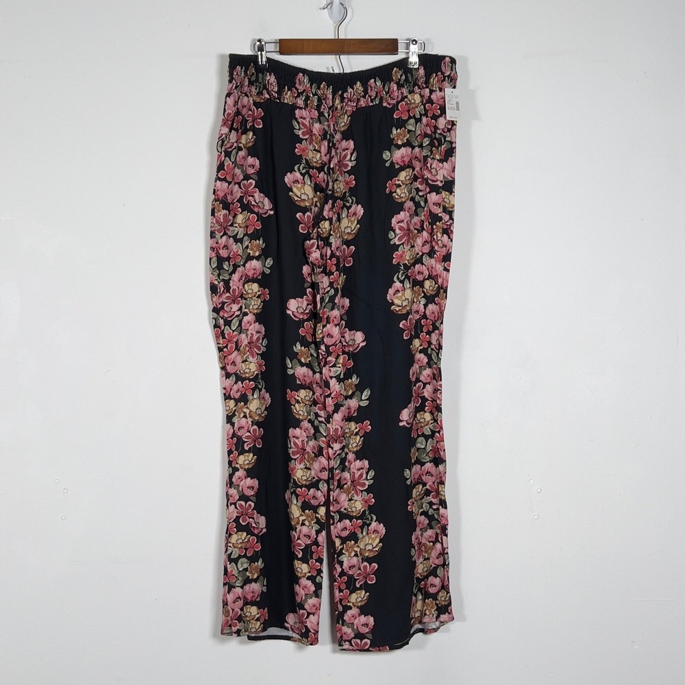 Maurices Wide Leg Pull On Pants Womens XXL Black‎ Floral High Rise NWT